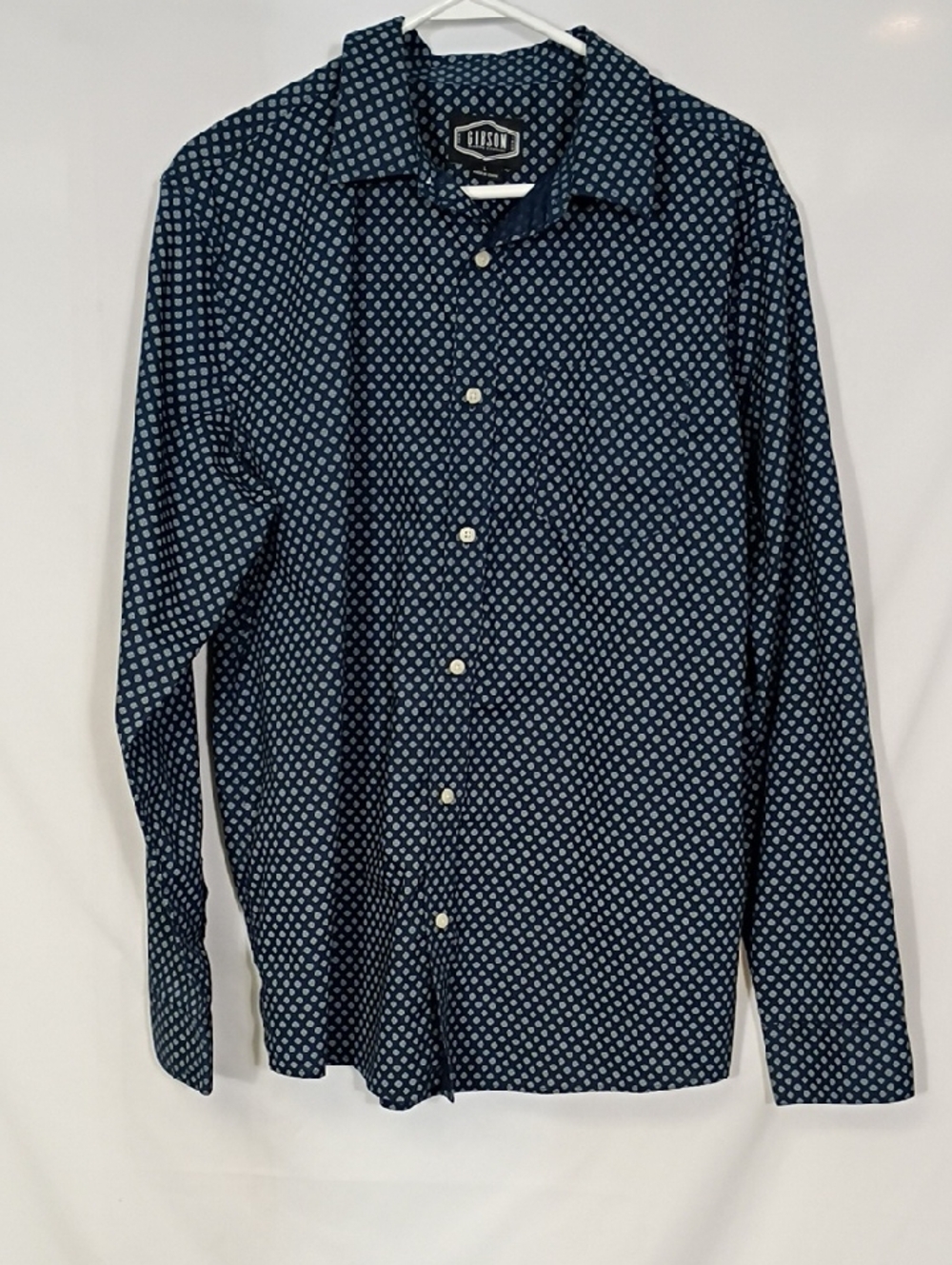 EUC Gibson Shirt Men's Sz Lg Navy Blue Long Sleeve Pocket Button Up Geometric